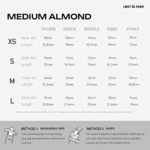 Medium almond press on nails size guide showing inner arc width and length for XS S M L across thumb index middle ring and pinky