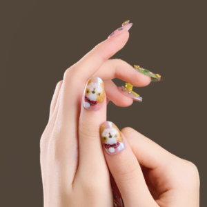 Close-up of short oval press on nails with character art and 3D embellishments