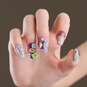 Side angle view of medium coffin press-on nails with sculpted details