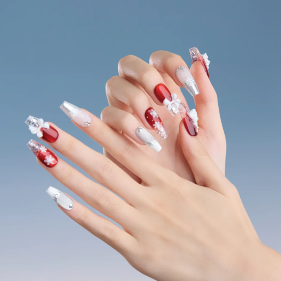 Festive red silver medium coffin press on nails full hand look