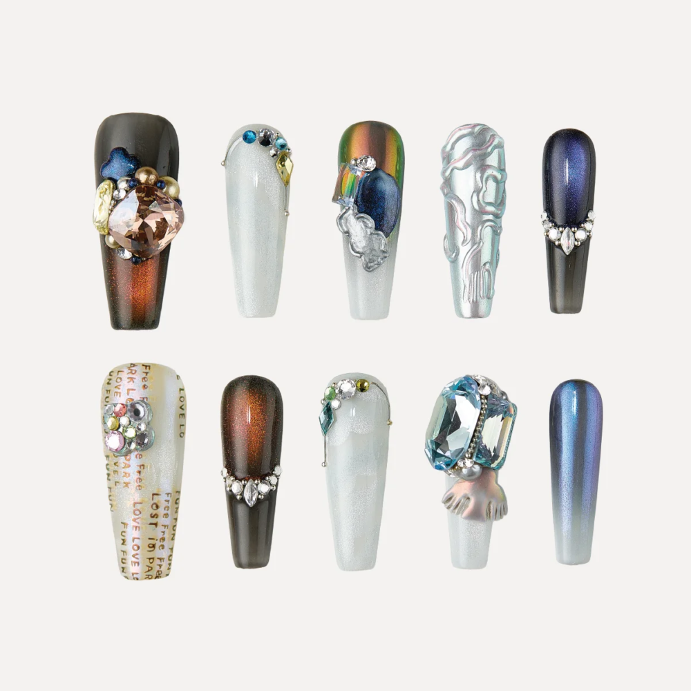 product__lost-in-park-Zircon Orbit-press-on-nails Long coffin press on nails set with dark chrome metallic and sculptural designs by LOST IN PARK