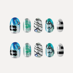 LOST IN PARK Electric Heart short oval press-on nail set flat lay