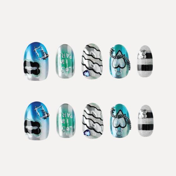 LOST IN PARK Electric Heart short oval press-on nail set flat lay