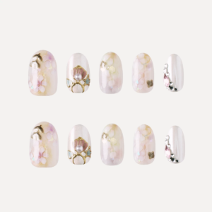 Short oval press on nail design set with floral and pearl details